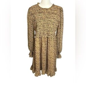 RACHEL PARCEL Leopard Cheetah Animal Print Smocked Ruffle Long Sleeve Dress XL